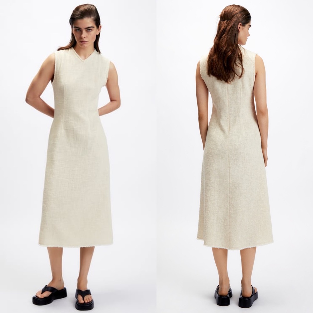Zara TWEED TEXTURED WEAVE MIDI A-Line DRESS BEIGE NEW